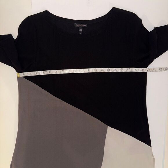 Eileen Fisher Color Block Short Sleeve Silk Top Bateau Neck Blouse Black Cream S - Picture 6 of 12